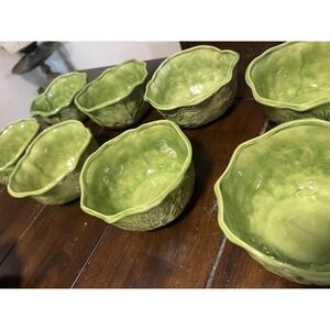 HOM Green Ceramic Leaf Pattern Bowls Set Of 8 Round Dessert Snack Dishes Kitchen
